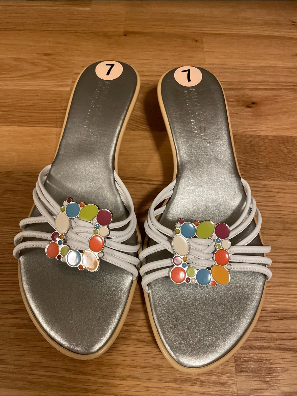 NWT - Mila Paoli White Slide Sandals with Colorful Gem Square